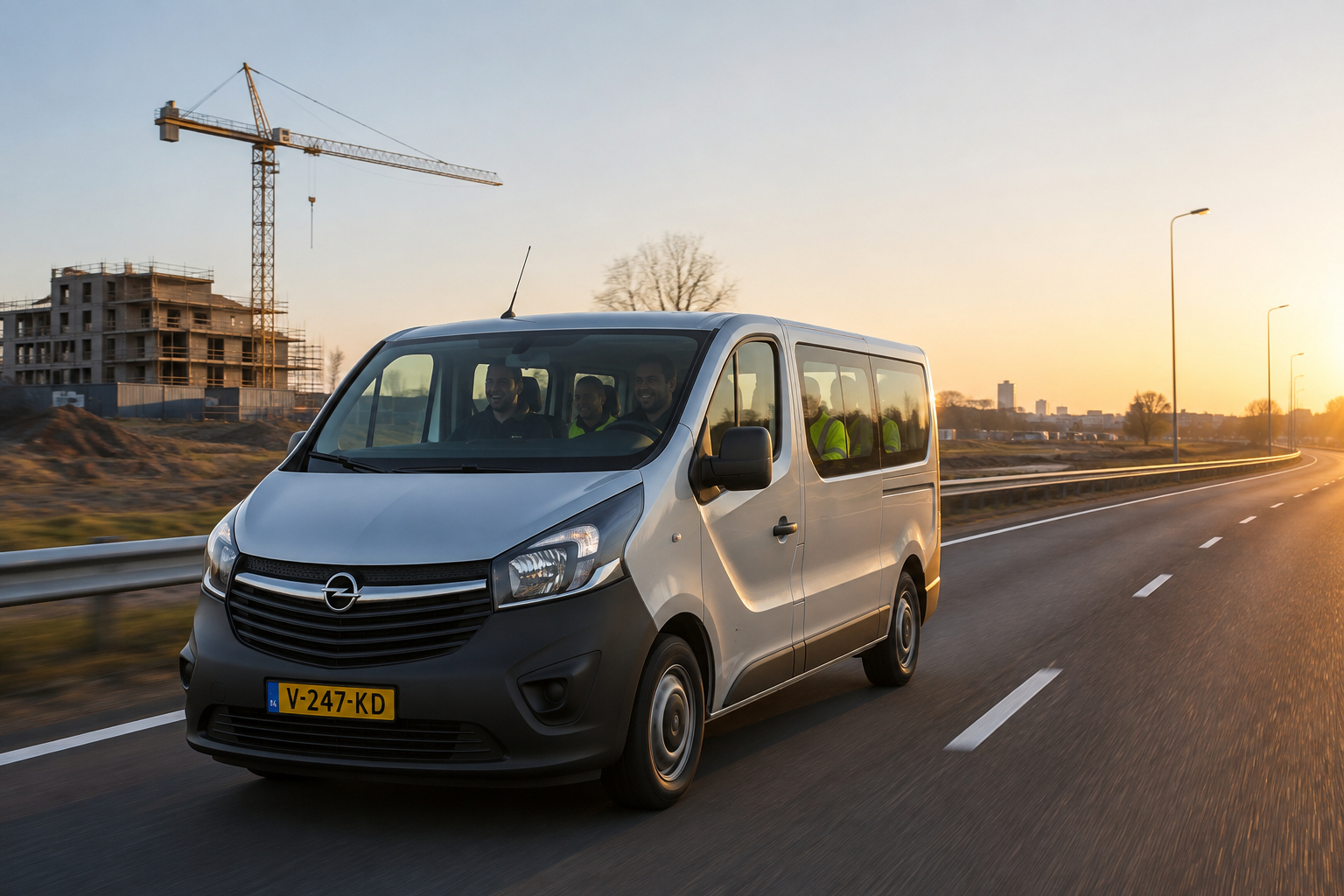 Bouwploeg in een grijze Opel personenbus onderweg naar een bouwlocatie, met zicht op een kraan en bouwproject bij zonsopkomst